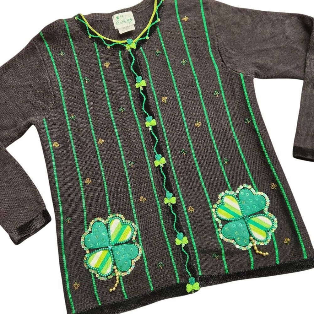 Vintage The Quacker Factory Sweater Cardigan Large Shamrock St Patricks Day Gran